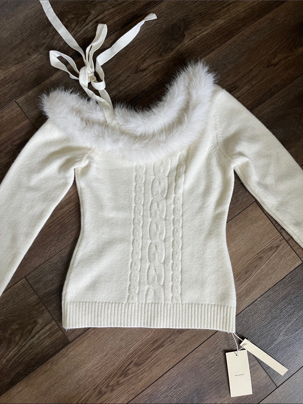 Ivory Faux-Fur Trim Cable-Knit Off the Shoulder Sweater